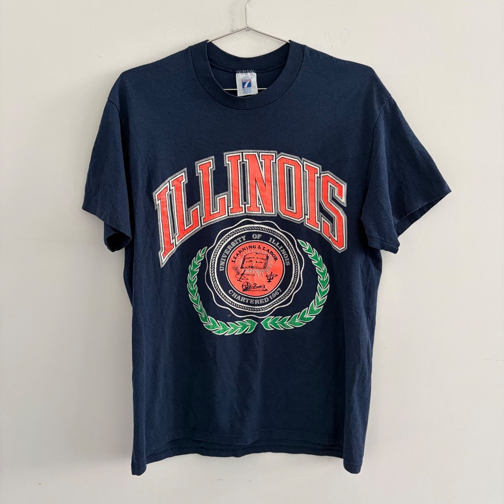 Vintage Logo 7 University of Illinois Fighting Illini T-Shirt Navy Blue Large